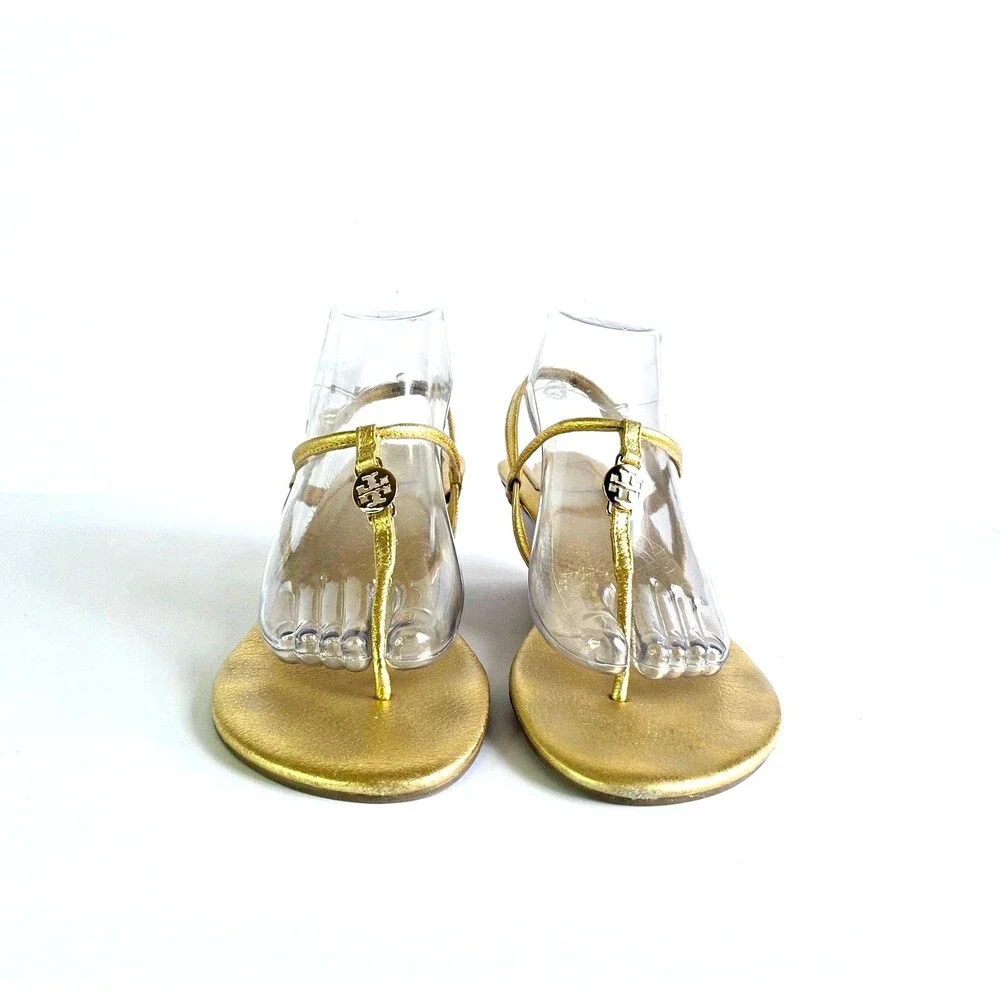 TORY BURCH Gold Emmy Wedge Sandals Metallic Leather Sz 10 Logo Ankle Strap